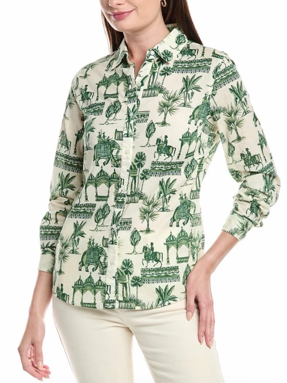 J. McLaughlin Lois Blouse Green White Toile Print Women’s XL NWT